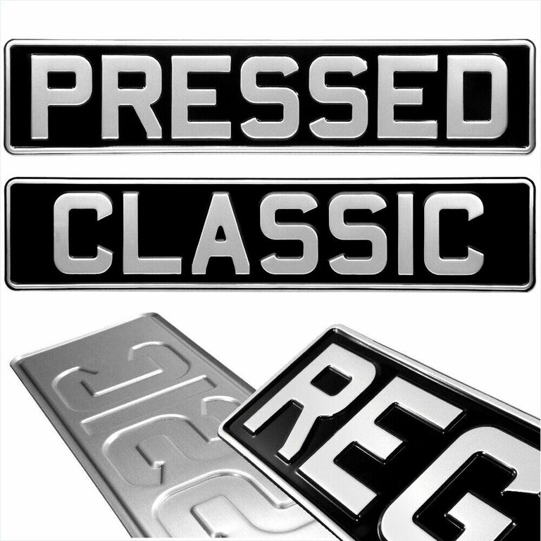 Vintage pressed aluminium number plates in black and silver, designed to replicate classic UK plates used from 1903 to 1973. Road legal and 100% compliant, ideal for vintage cars, motorbikes, and 4x4s. Custom sizes available, offering a retro aesthetic and durable construction